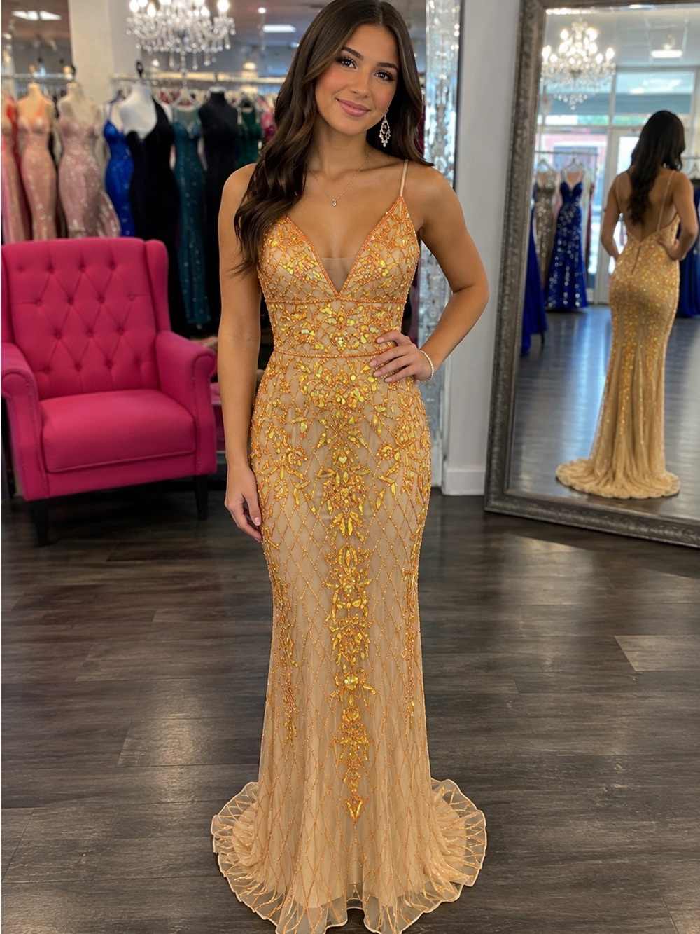 Elegant Orange Embellished Evening Gown size 6